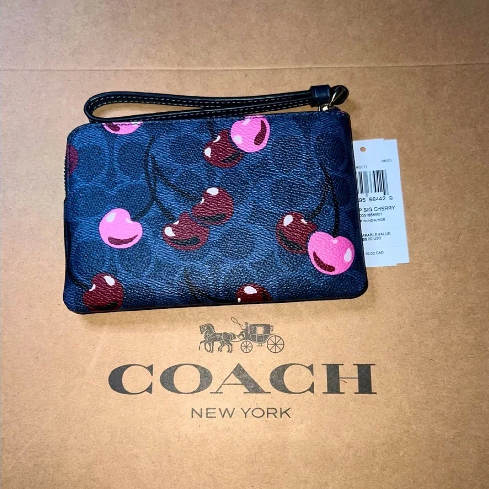 COACH Corner Zip Wristlet Blue Signature Canvas Cherry Print AUTHENTIC NWT - Picture 3 of 6